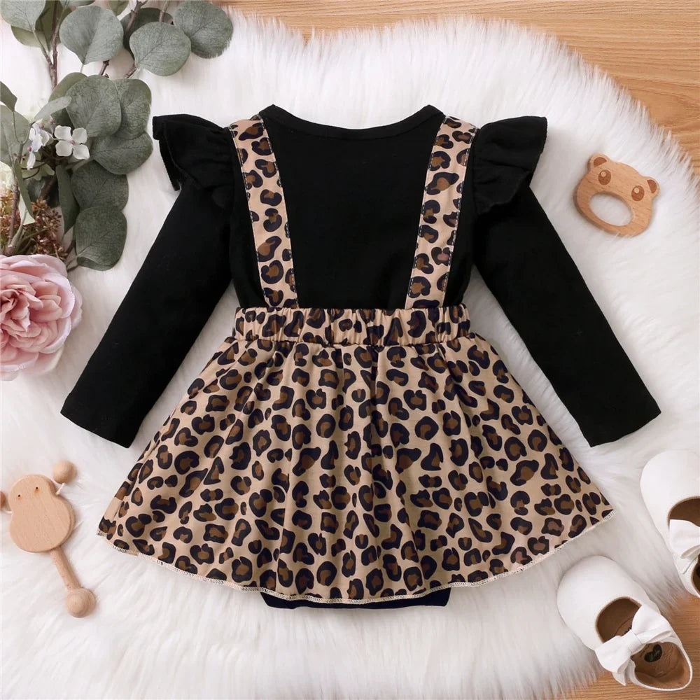 Spring fashion baby girl leopard print romper dress with smart bow, comfortable and chic