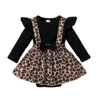 Casual infant girl's leopard print romper dress with cute bow accent, comfortable wear