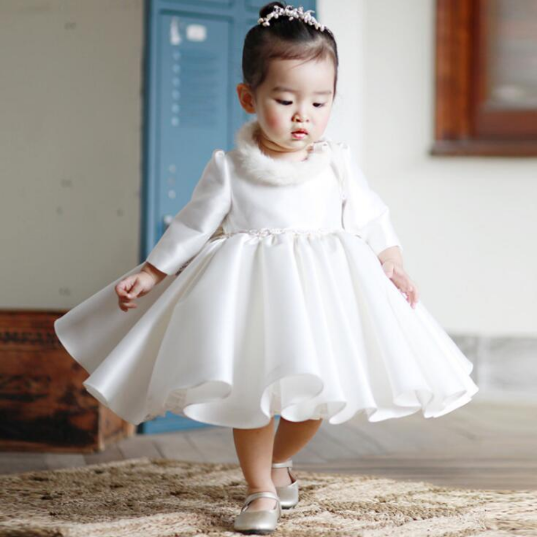 Elegant pearl white cotton baptism gown for infant girl, featuring half sleeves and intricate details.