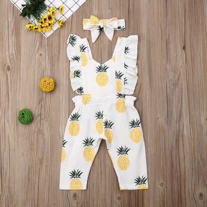 Baby girl's pineapple print summer romper with matching headband, 100% cotton, perfect for warm weather
