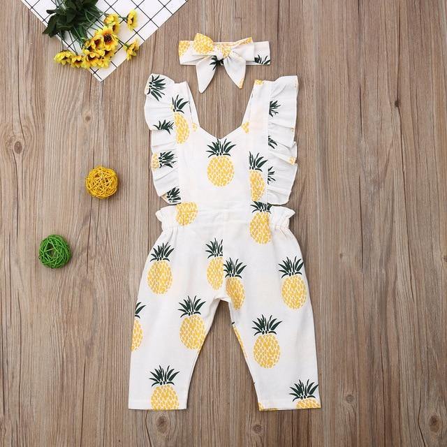 Toddler girl's comfy pineapple summer romper with ruffled sleeves, paired with a stylish fabric headband