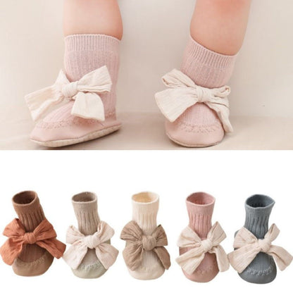 Baby girl's pink anti-slip cotton sock walker shoes with white bowknot, soft sole for first steps