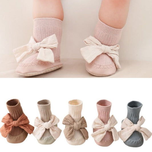 Baby girl's pink anti-slip cotton sock walker shoes with white bowknot, soft sole for first steps