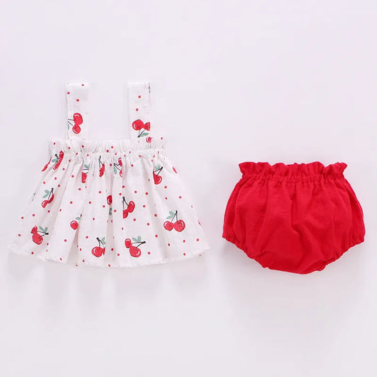 Baby girl's pink cotton blend mini dress with square collar & matching bow, newborn summer outfit