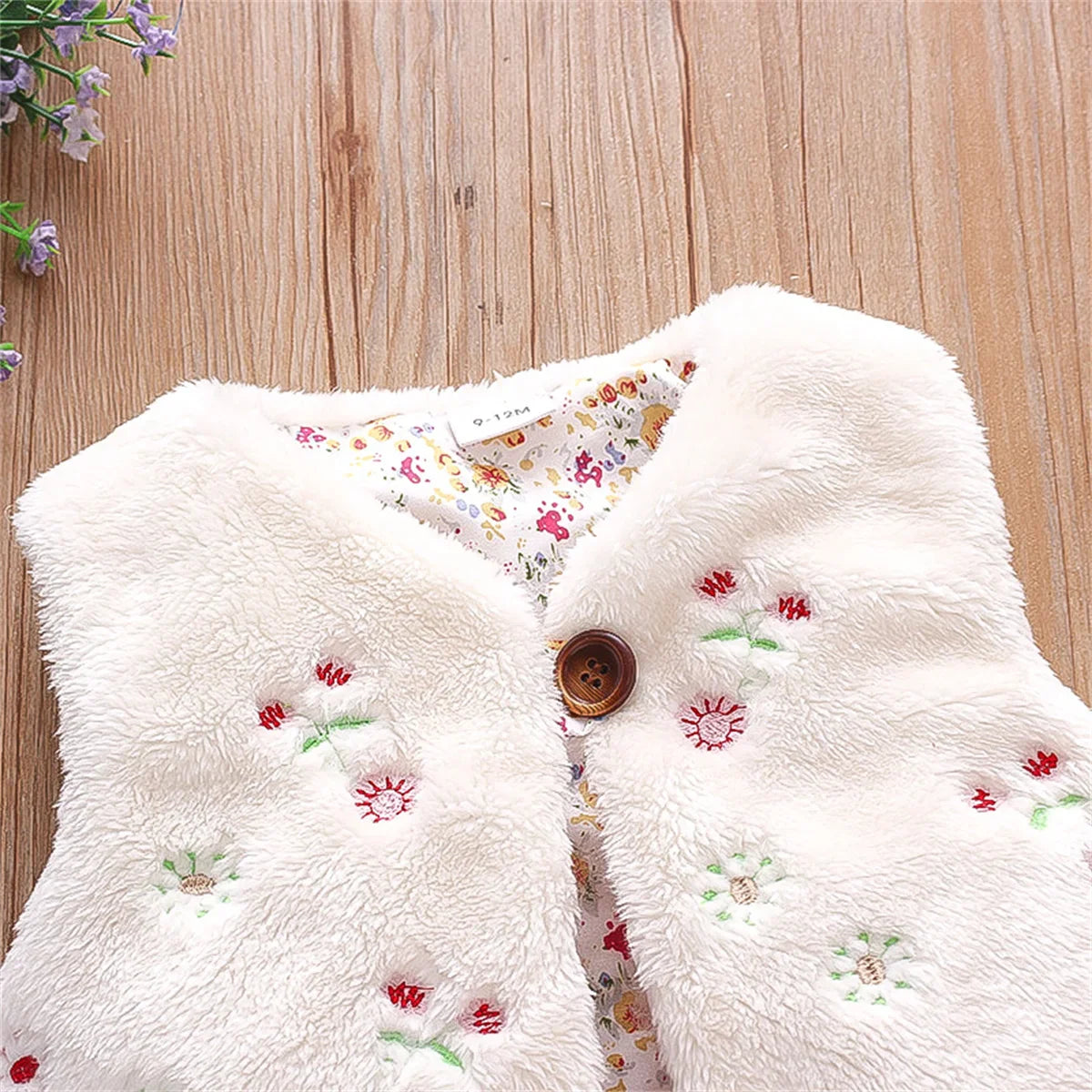 High-angle shot of a cute baby girl's pink faux fur vest with flower embroidery detail.