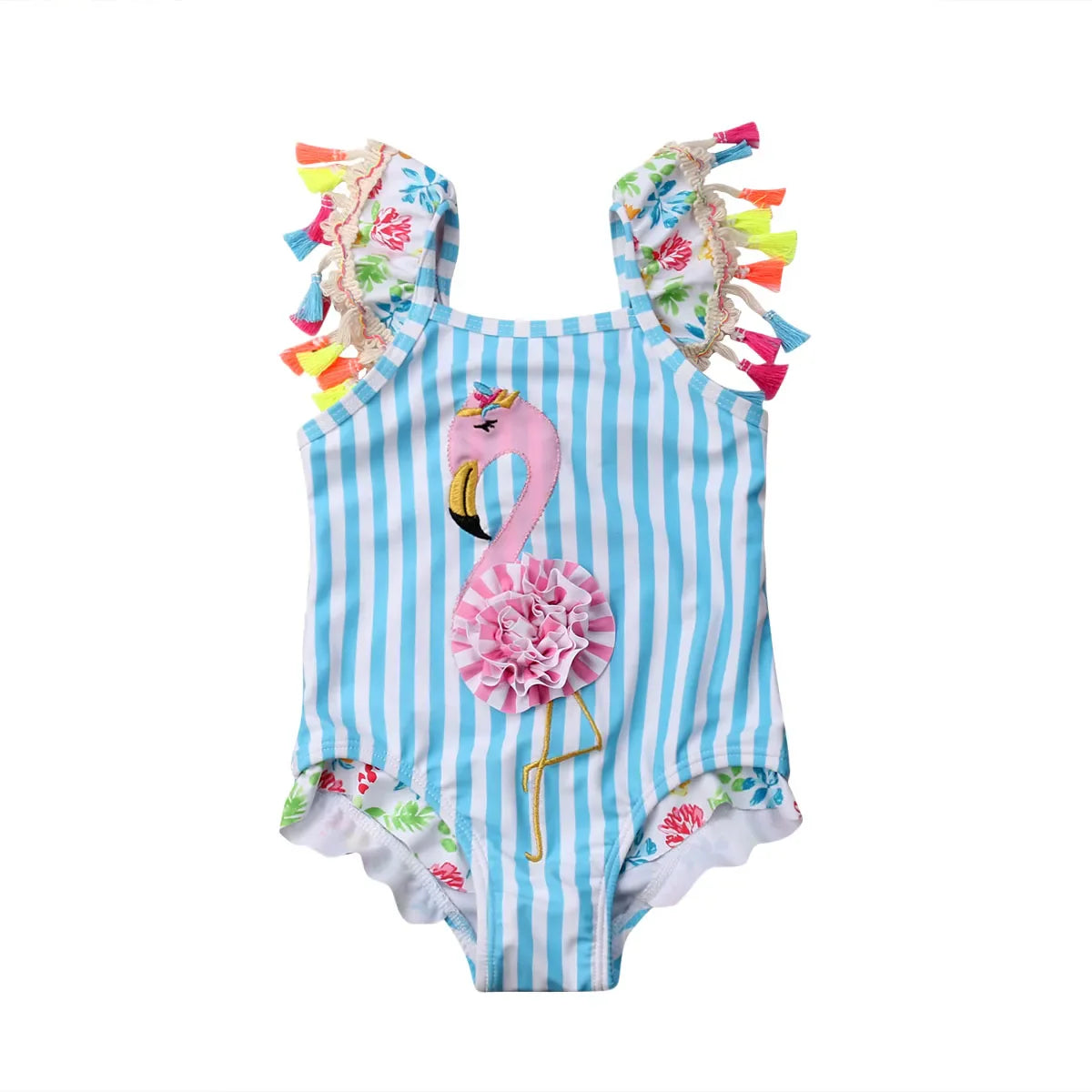 Baby girl's pink flamingo print bikini swimsuit, perfect for summer beachwear and pool days.