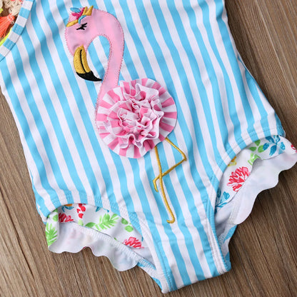 Vibrant flamingo print baby bikini for girls, an ideal and cute summer outfit for the beach.