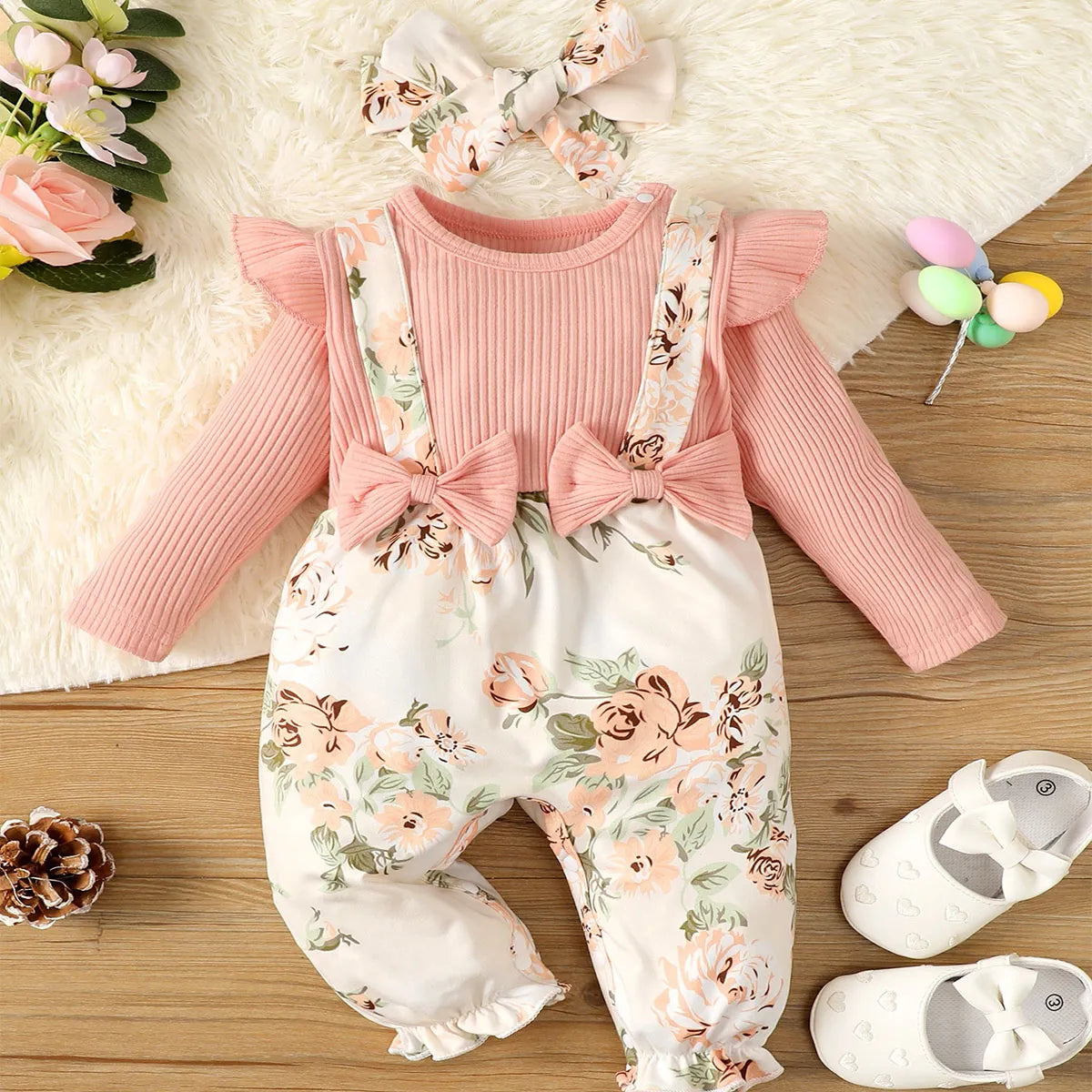 Baby girl's pink floral romper jumpsuit, one-piece infant spring-autumn cotton blend outfit