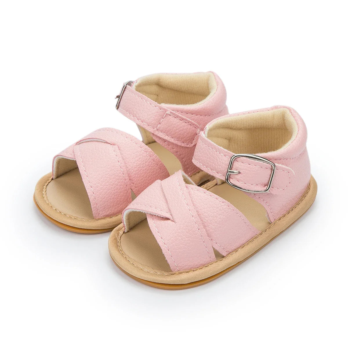 Beige baby toddler sandals with delicate flower, perfect for summer crib shoes