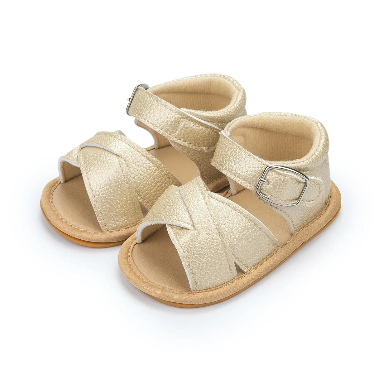 Back view of pink baby girl's flower sandal showing flat heel and good grip
