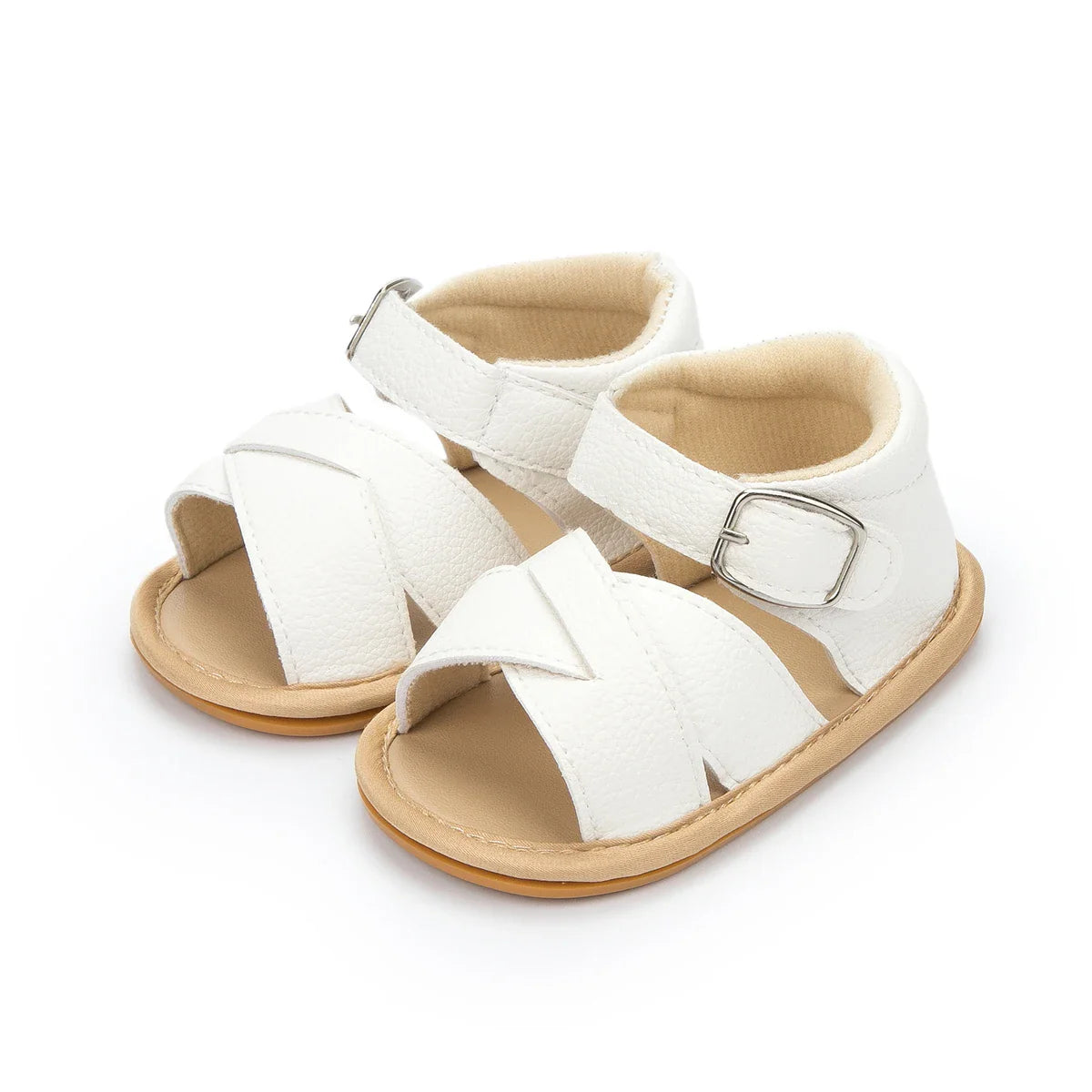 Front view of white summer toddler sandals with large floral embellishment