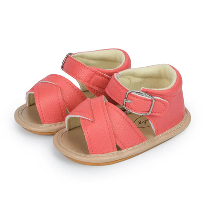 Baby girl's red flower sandals, anti-slip flat heel for comfortable walking