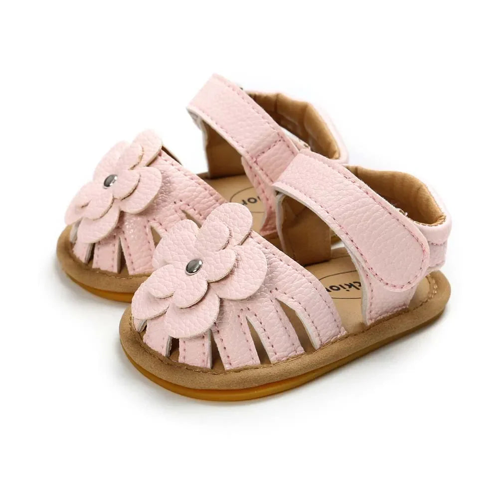 Green baby first walker sandals with cute flower, soft and anti-slip sole