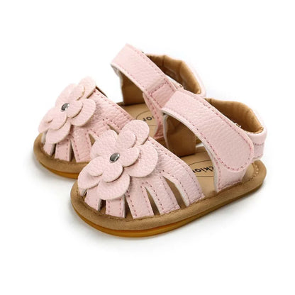 Green baby first walker sandals with cute flower, soft and anti-slip sole