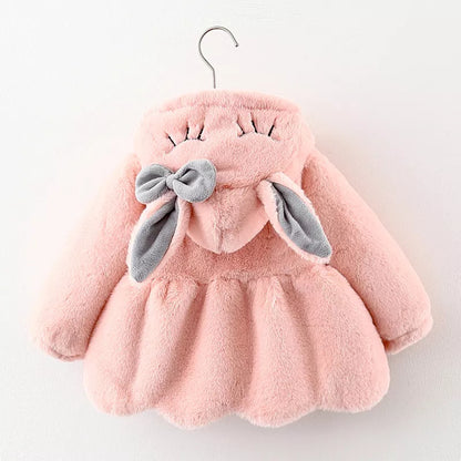 Baby girl's pink hooded winter jacket with cute rabbit ears, 'Warm Outerwear' collection.