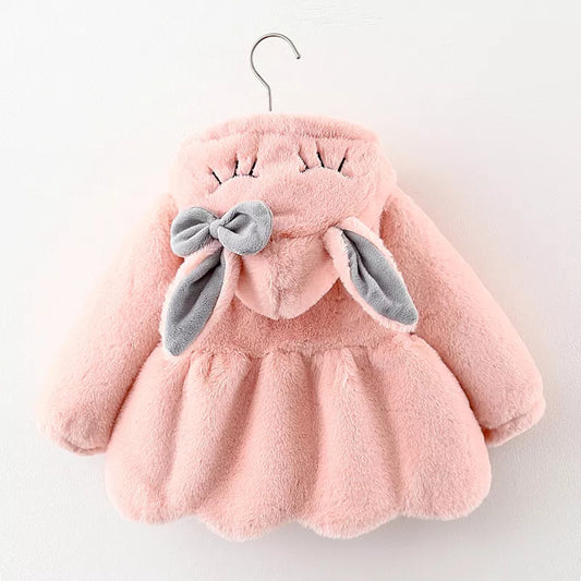 Baby girl's pink hooded winter jacket with cute rabbit ears, 'Warm Outerwear' collection.