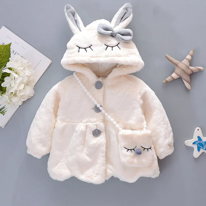 Toddler girl's warm jacket, hooded design with cute rabbit ears, 'Winter Outerwear'.