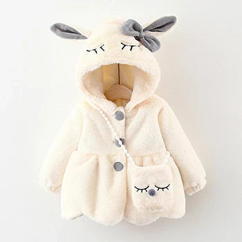 Baby girl's jacket, 'Winter Outerwear' collection, with playful rabbit ears on the hood.