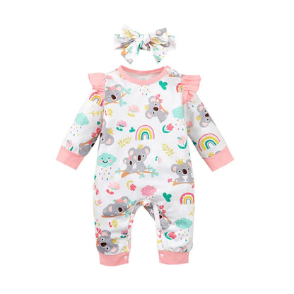 Baby girl's pink long-sleeve cartoon bodysuit with animal print and matching headband, newborn infant outfit.