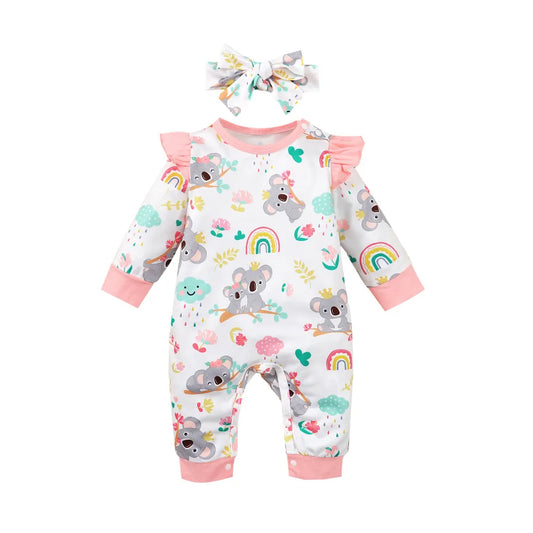 Baby girl's pink long-sleeve cartoon bodysuit with animal print and matching headband, newborn infant outfit.