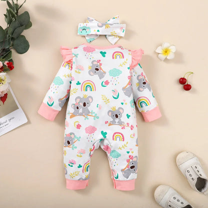 Infant girl's long-sleeve bodysuit with colorful cartoon patterns and a snug-fit baby headband for style.