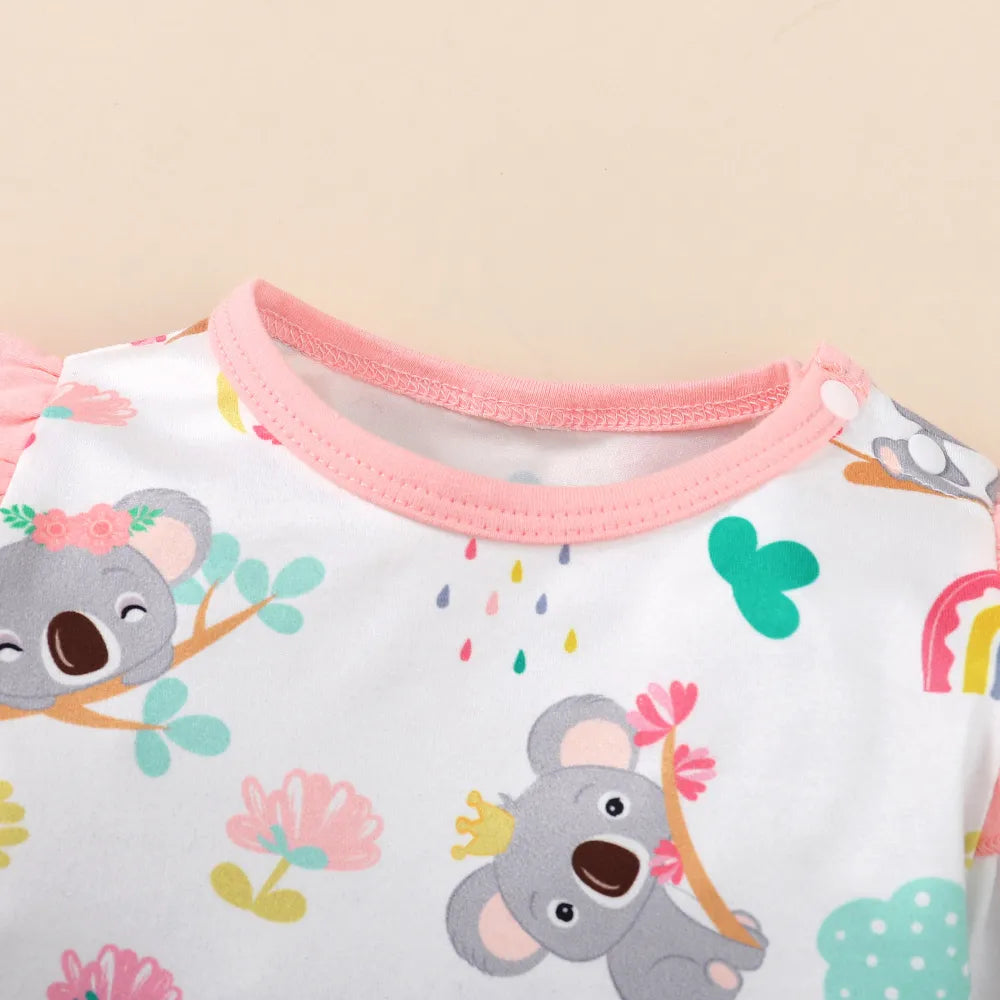 Newborn girl's spring autumn outfit: long-sleeve cartoon print bodysuit and soft matching headband set.