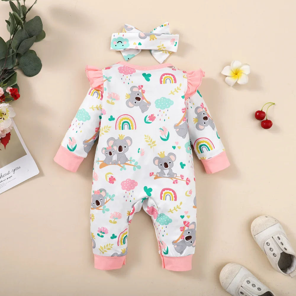 Adorable baby girl's long-sleeve bodysuit with vibrant cartoon print and comfortable elastic headband.