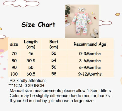 Newborn baby girl long-sleeve romper with cute elephant cartoon design and matching floral headband.