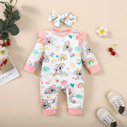 Baby girl's autumn wear: long-sleeve cartoon animal bodysuit and sweet bow headband, soft infant clothing.