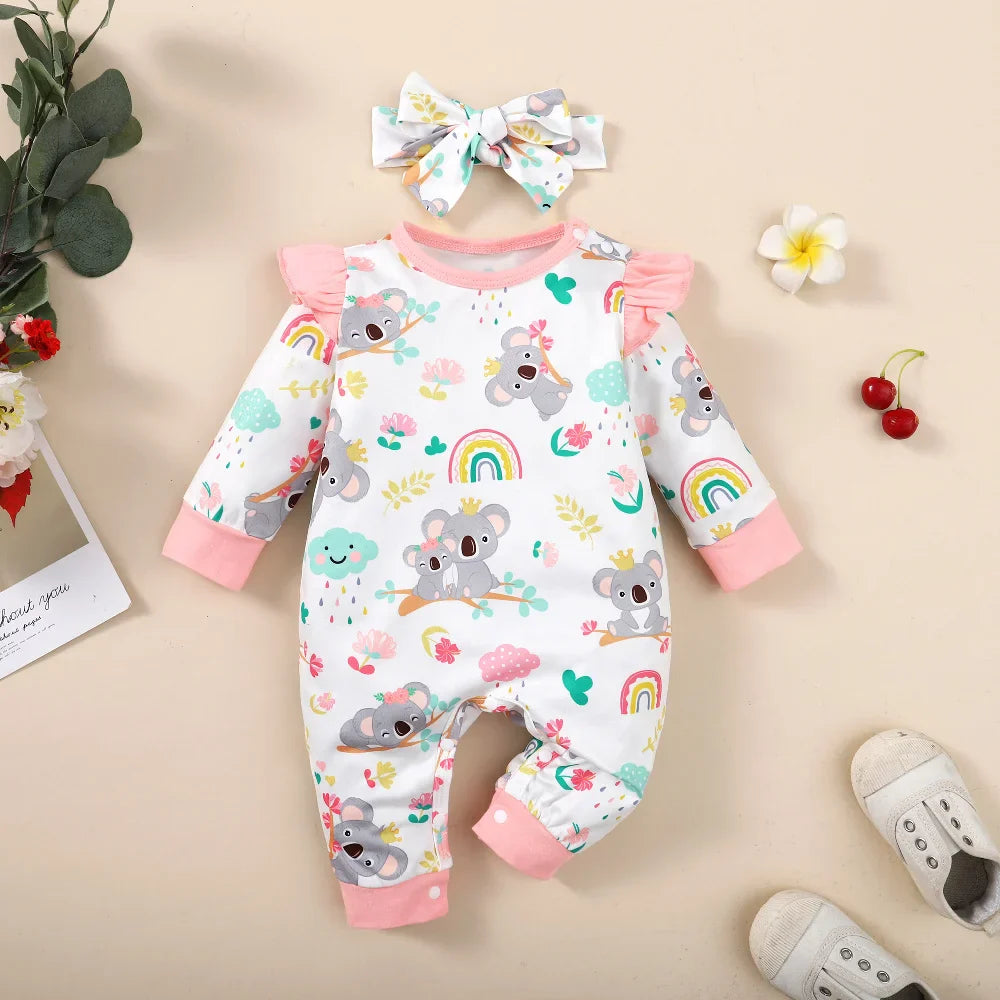 Toddler girl's long-sleeve bodysuit with fun cartoon print and coordinating headband, comfy baby fashion.
