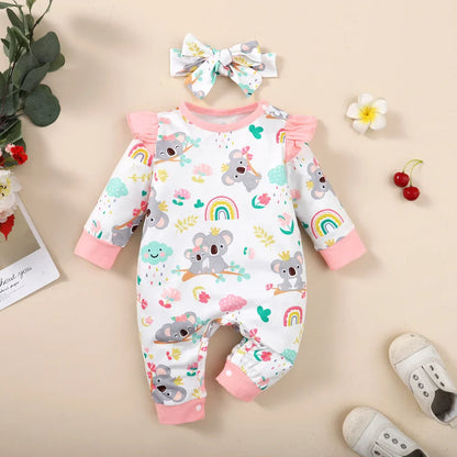 Toddler girl's long-sleeve bodysuit with fun cartoon print and coordinating headband, comfy baby fashion.