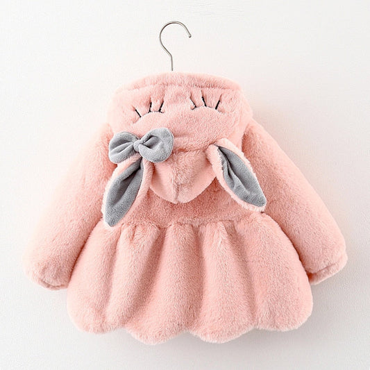 Baby girl's pink plush hooded jacket with cute rabbit ears and soft lining, infant winter coat.