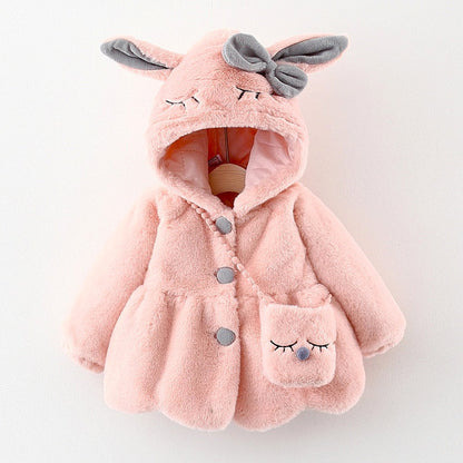Back view of a baby girl's plush hooded jacket, showcasing the cute rabbit ears and warm design.