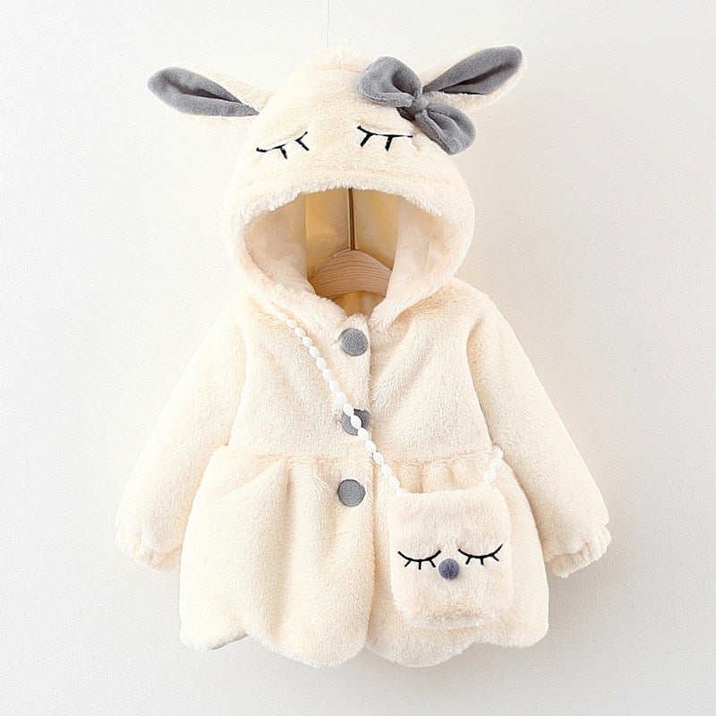 Infant girl's stylish winter jacket: soft plush, hooded with charming rabbit ears, available in multiple colors.