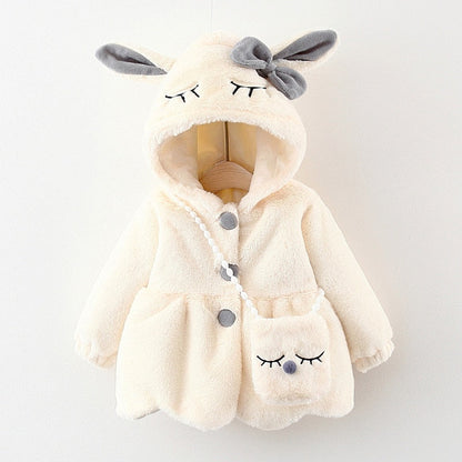 Infant girl's stylish winter jacket: soft plush, hooded with charming rabbit ears, available in multiple colors.