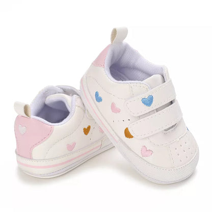 Baby girl's prewalker shoes, soft sole, pink with white hearts, comfortable for first steps