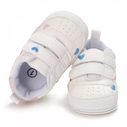Comfortable prewalker shoes for baby girls, peach with cute heart design, soft sole support
