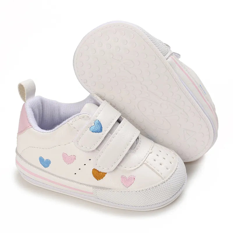 Soft sole prewalker shoes for infant girls, red with white heart pattern, ideal for newborns
