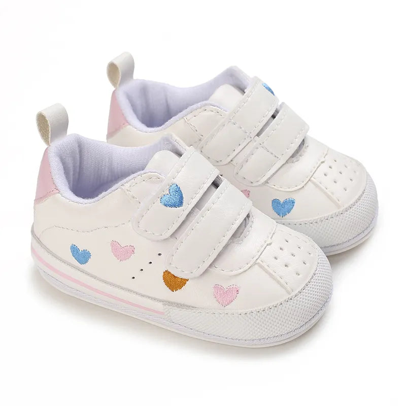 Stylish baby girl prewalker shoes, gray with colorful heart pattern, soft sole for comfort