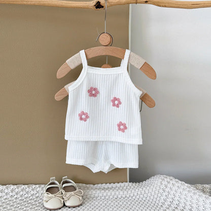 Cotton blend baby shorts and camisole set with floral details, perfect for a toddler girl's summer.
