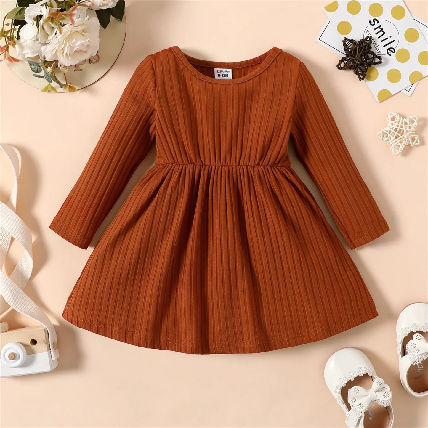 Ribbed striped long sleeve dress for baby girls, a perfect blend of comfort and party elegance