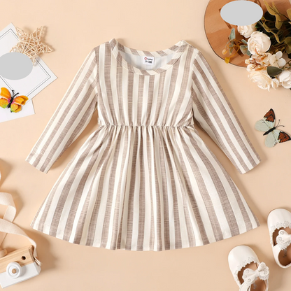 Modern baby girl's long sleeve ribbed a-line dress with a playful striped motif, new collection