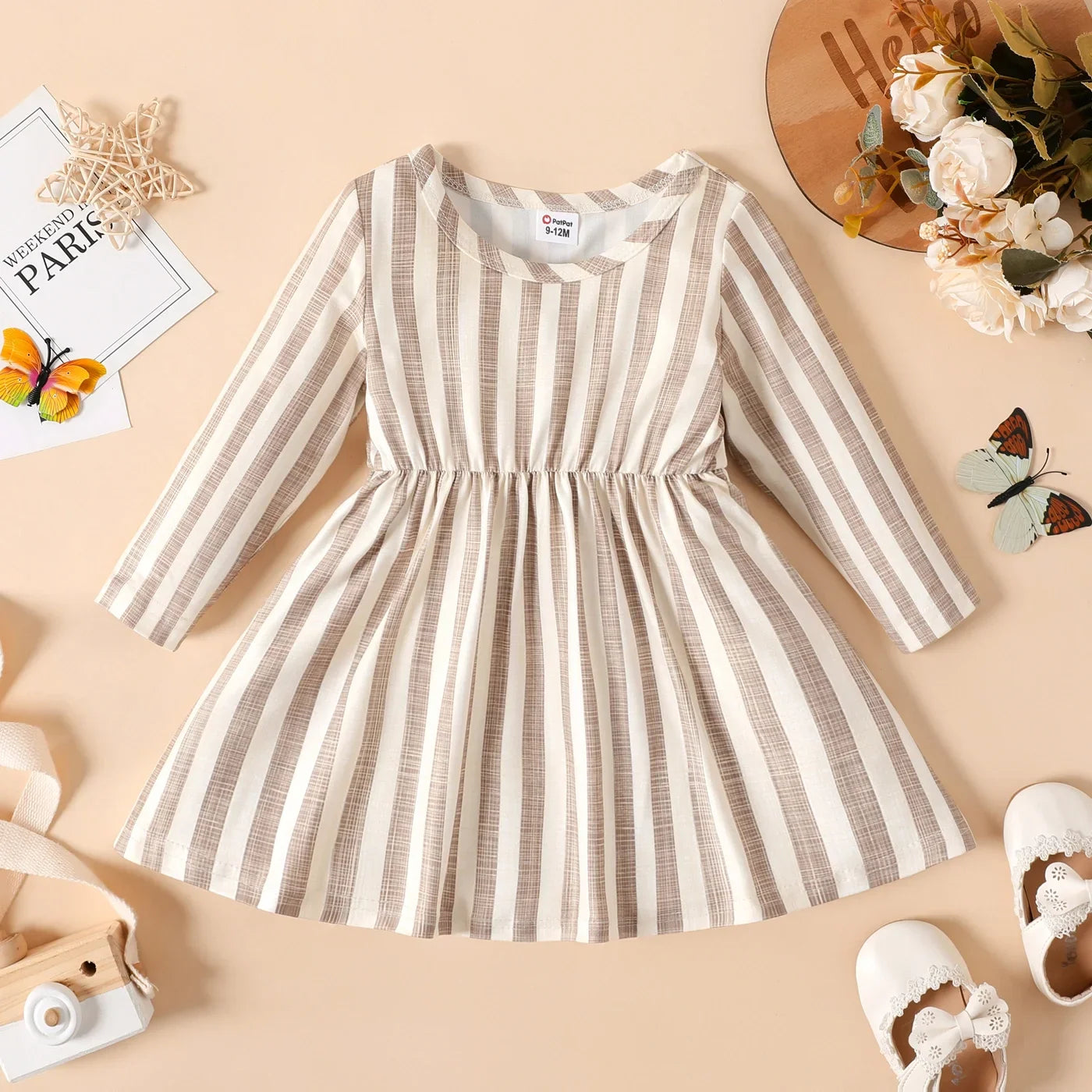 Stylish baby girl's ribbed dress with a classic striped pattern and long sleeves, new arrival fashion