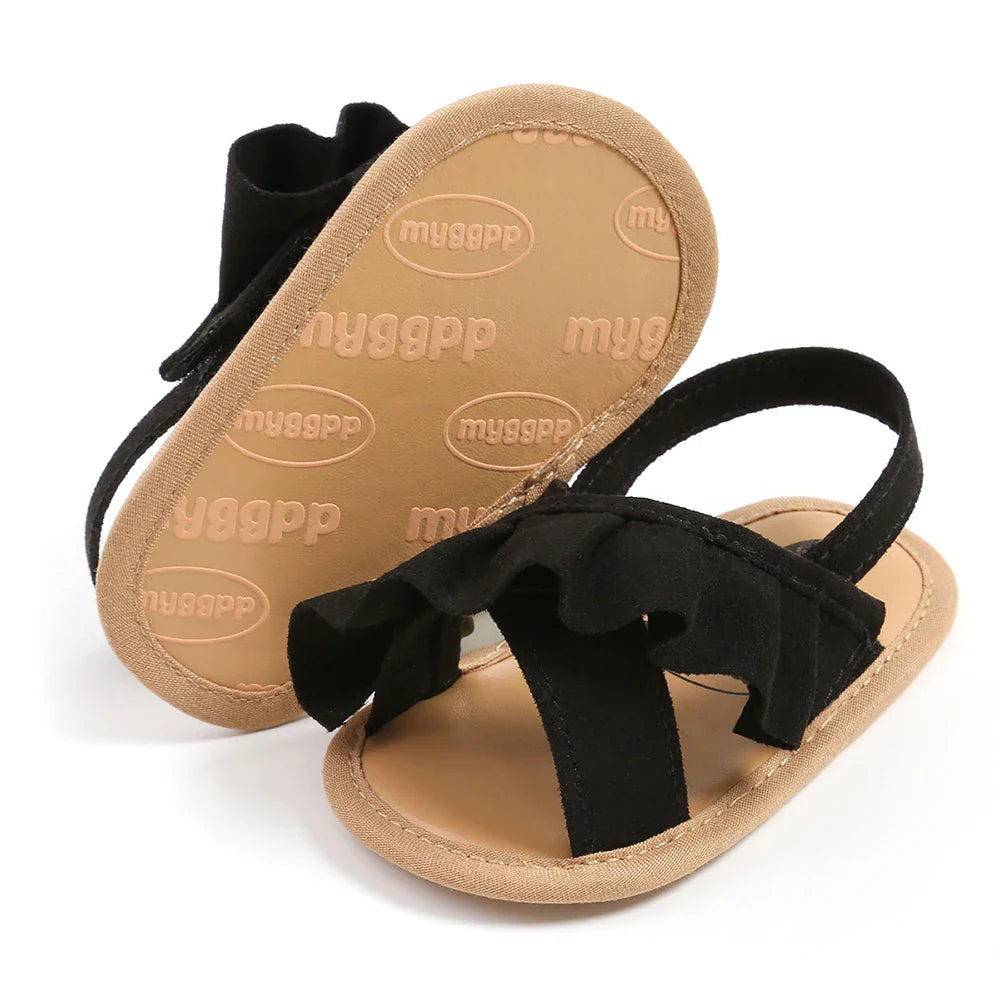 Stylish baby girl's white ruffled sandals, soft sole, velcro closure, first walker shoes