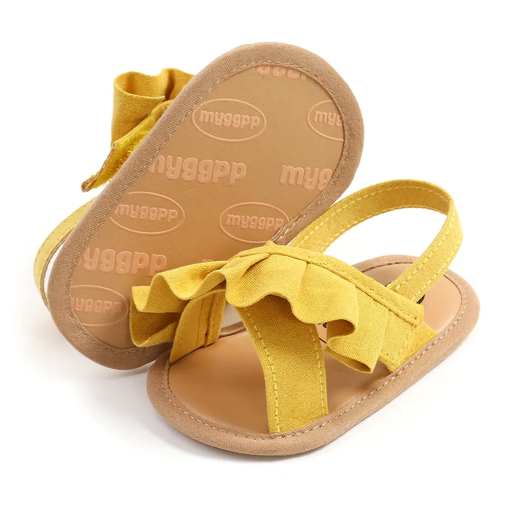 Cute yellow ruffled baby sandals, comfortable infant footwear, perfect for spring/summer