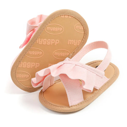 Newborn baby girl's white ruffled sandals, soft and stylish first walker shoes
