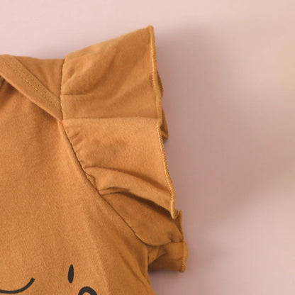 Comfortable brown toddler fashion jumpsuit, sleeveless and ruffled, for all-day wear.
