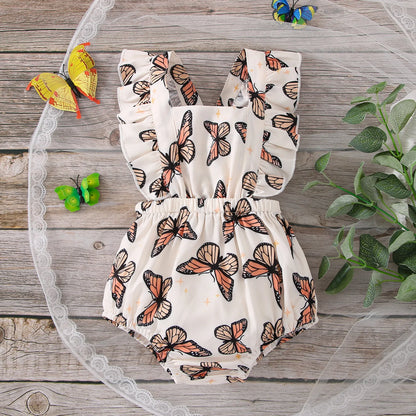 Baby girl's sleeveless bodysuit with pink butterfly print and ruffles, perfect for summer