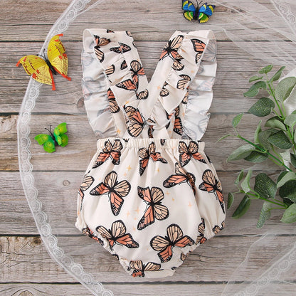 Infant baby girl's butterfly print ruffle trim bodysuit, made from soft polyester for comfort