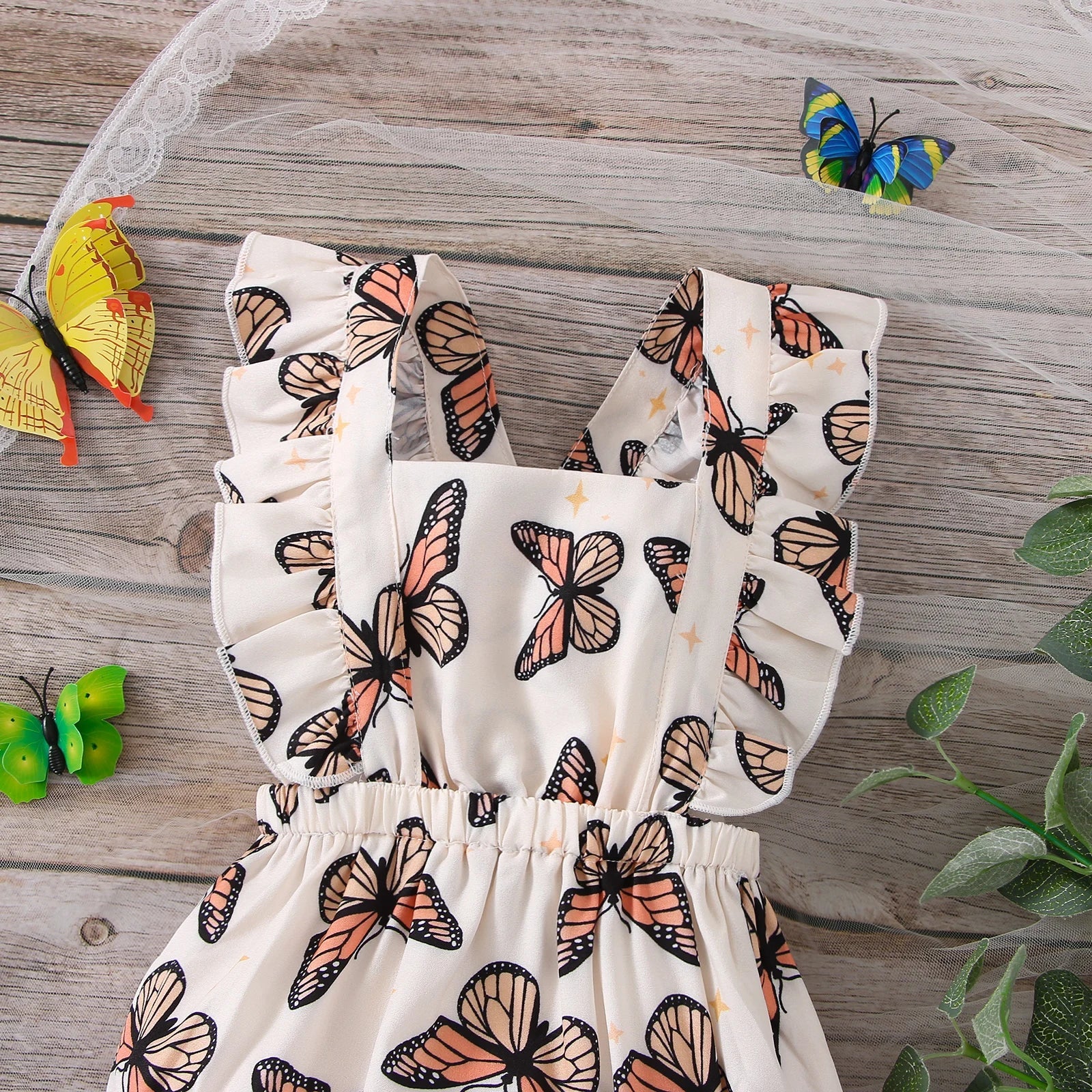 Newborn girl's summer outfit: sleeveless butterfly print bodysuit with cute shoulder ruffles